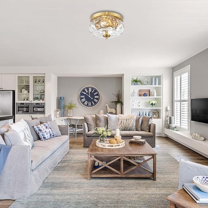 Darkaway Ceiling Light Fixtures Flush Mount Indoor Outdoor Ceiling Light with Water Ripple Glass Shade for Hallway Kitchen Bedroom Porch Living Room Gold Finish