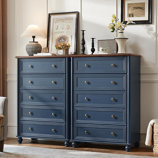 Farmhouse Dresser for Bedroom Set of 2, 5 Drawers Wood 45" Tall Chest of Drawers, Dresser Rustic Storage Dressers Organizer with Metal Handle Closet for Living Room, Hallway Entryway