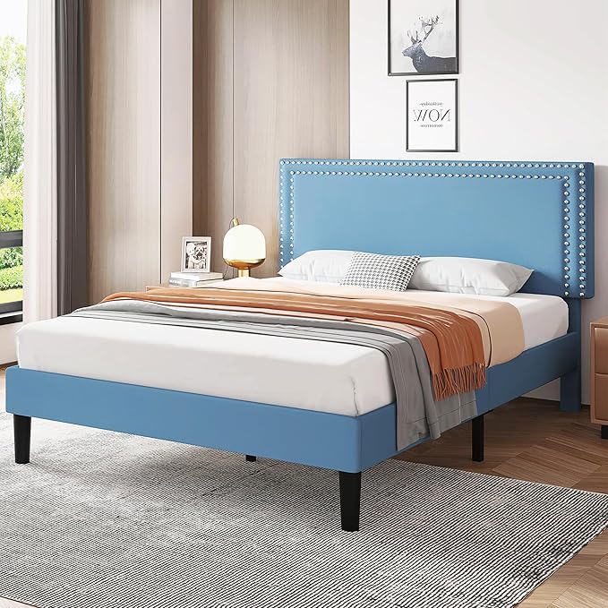 VECELO Queen Size Bed Frame with Adjustable Upholstered Headboard, Wooden Slats Platform, Noise-Free Design, Easy Assembly