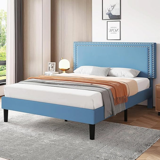 VECELO Queen Size Bed Frame with Adjustable Upholstered Headboard, Wooden Slats Platform, Noise-Free Design, Easy Assembly