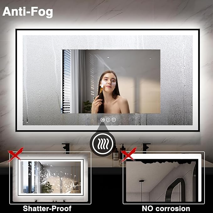 72x40 Large LED Bathroom Mirror with Lights -Black Aluminum Rimmed (Front and Backlit),Fogless Mirror with Lights,Stepless Dimmable Lighted Mirror,3 Colors Smart Mirror(Horizontal/Vertical)