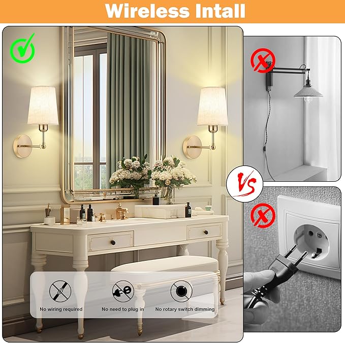 Battery Operated Wall Sconce Set of Two,Modern Gold Rechargeable Wall Lights with 5200mAh RGB Bulb and Remote Control, 270°Rotation Dimmable Battery Powered Wireless Wall lamps for Bedroom Living Room