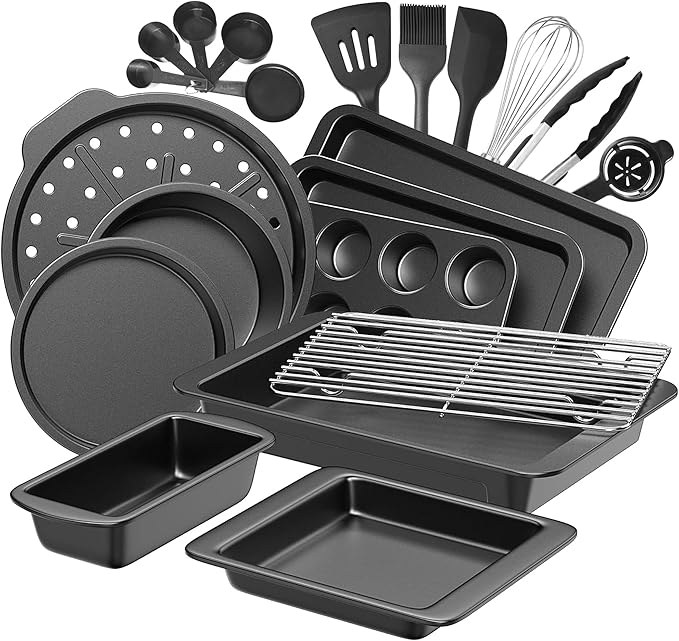 HONGBAKE Bakeware Sets, Baking Pans Set with Kitchen Utensils, Nonstick Oven Pan with Wider Grips, 17 Pieces Including Rack, Cookie Sheet, Cake, Loaf, Muffin, Pizza Pan