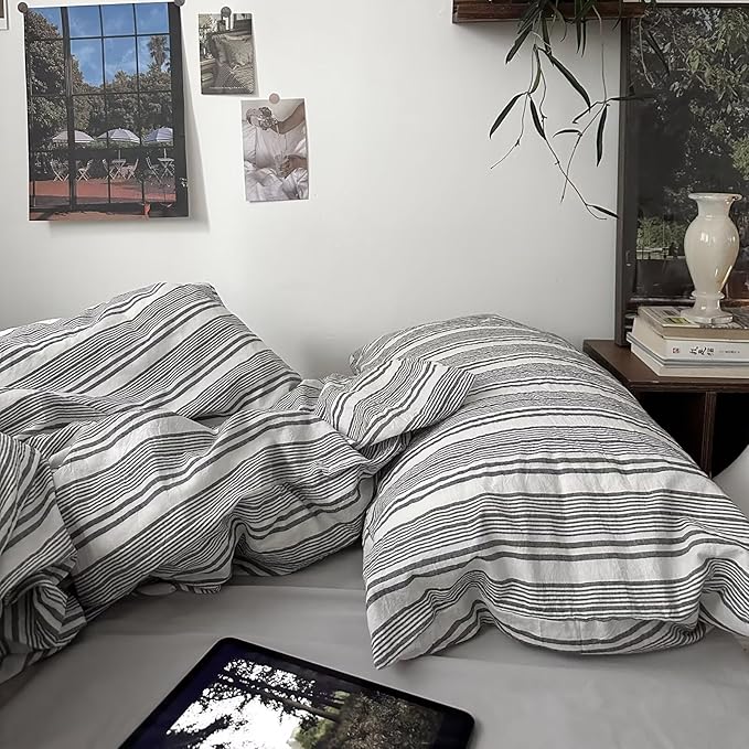 mixinni Vintage Grey & White Striped Comforter Set Full Size - Soft Washed Cotton 3-Piece Neutral Bedding Set, Retro Geometric Pattern, All-Season Breathable & Fluffy for Men, Boys