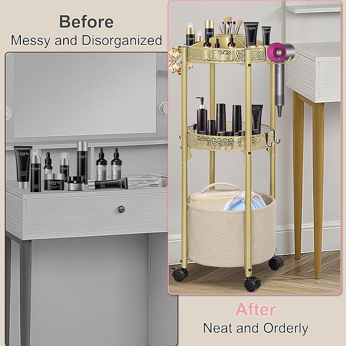 3-Tier Rolling Makeup Organizer Cart with Hair Dryer Holder - Salon-Grade Cosmetic Organizer, Mobile Bathroom Storage Cart for Skincare, Makeup Essentials -Locking Wheels (Gold Finish)