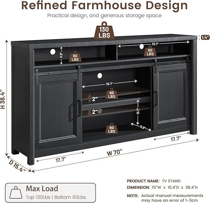 Farmhouse TV Stand for Living Room, Large Black Entertainment Center with Storage, TV Console for Bedroom, TV Stand with Sliding Barn Door Television Stands for 80 Inch TV, 38 Inch Tall Media Cabinet