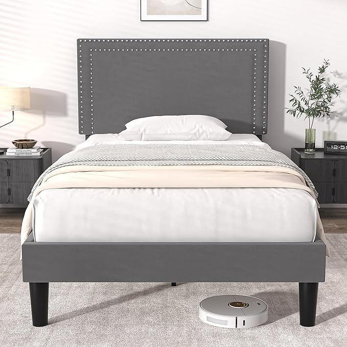 VECELO Twin Size Platform Bed Frame with Height Adjustable Upholstered Headboard, Modern Mattress Foundation,Strong Wood Slat Support, No Box Spring Needed, Easy Assembly