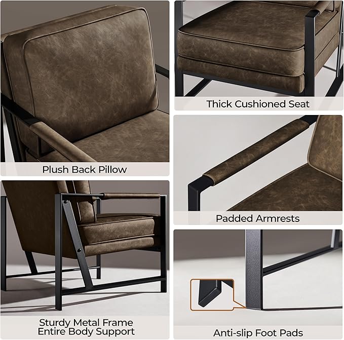 Yaheetech PU Leather Armchair, Retro Leisure Accent Chair with Extra Soft Padded and Cushion, Modern Reading Arm Chair with Black Metal Frame for Living Room/Office/Bedroom/Study, Brown