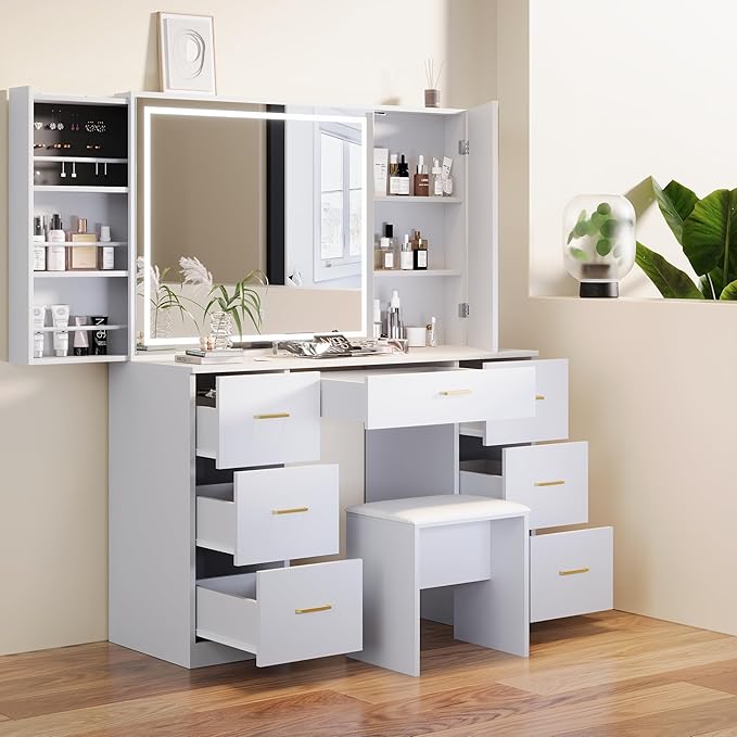 Vanity Set with Lighted Mirror, Makeup Vanity Table with 7 Drawers & Cushioned Stool, Dressing Table with Sliding Cabinet, Vanity Desk with Hidden Storage Shelves & Jewelry Rack, for Bedroom