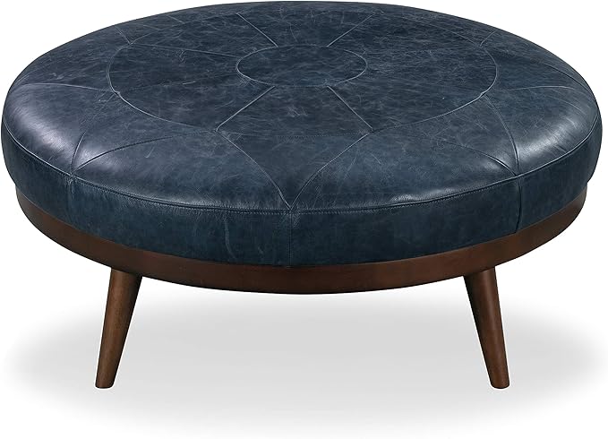 POLY & BARK Gio Modern Leather Ottoman Pouf (Midnight Blue)