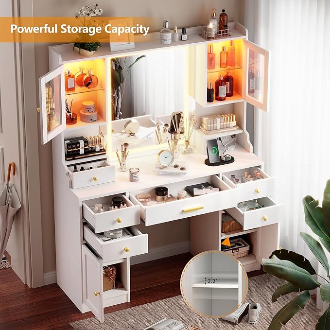 White Makeup Vanity Desk with Mirror and Lights, Large Vanity Table Set with Charging Station, Dressing Table with RGB Cabinets, Makeup Vanity Mirror with Light Desk and Drawers, 3 LED Lights Modes