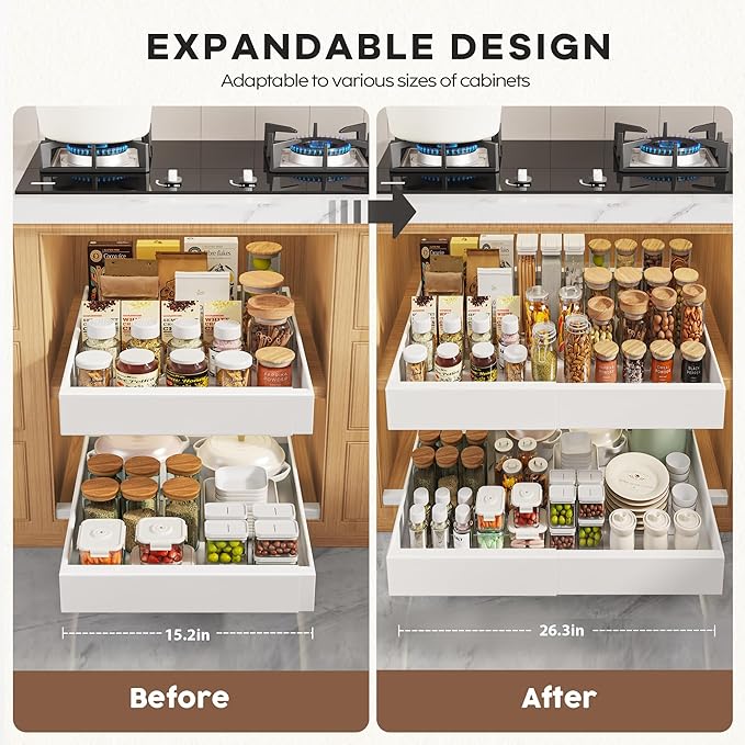 2 Pack Pull Out Cabinet Organizers 21" Deep With Raising Pad for Framed Cabinets, Expandable Width (15.2"-26.3") Slide Out Drawers Upgrade 3 Slide Rails, Roll Out Shelves Adhesive, White