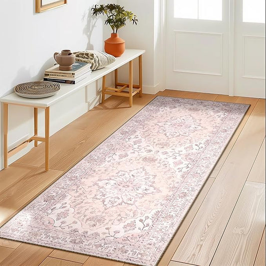 Area Rugs 2'x6' Washable Non-Slip, Floral Vintage Distress Print Pattern Medallion Carpet for Living Room Bedroom Dining Room, Pink Greypink Cute