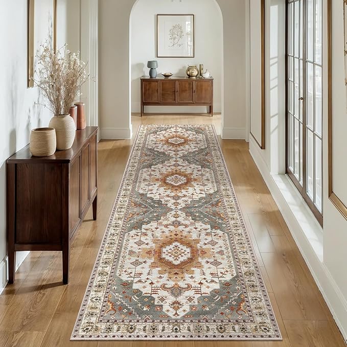Tangsoo 2.6x8 Washable Runner Rug for Hallways, Non Slip Vintage Runner, Soft Low Pile Long Rug Runner, Print Distressed Turmeric Carpet Runners for Kitchen Bedroom Entryway Bathroom Living Room