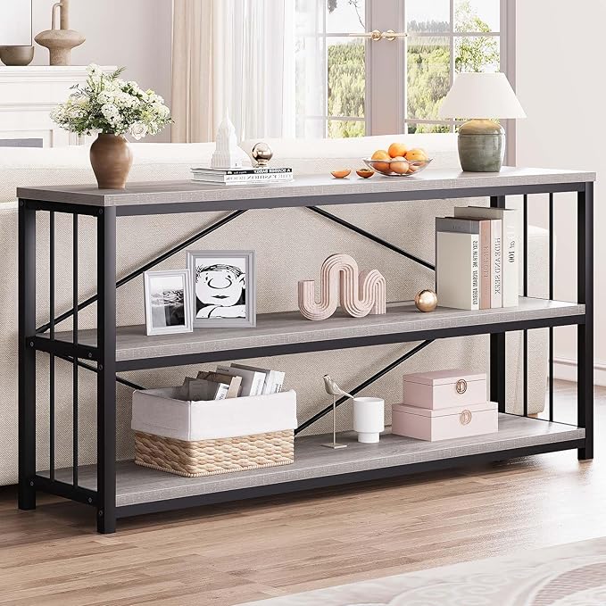 LVB Extra Long 3-Tier Sofa Table, Industrial Console Table with Storage Shelf, Modern Rustic Wood Metal Narrow Entryway Table, Skinny Behind Couch Table for Foyer Living Room Bedroom, Light Grey, 70In
