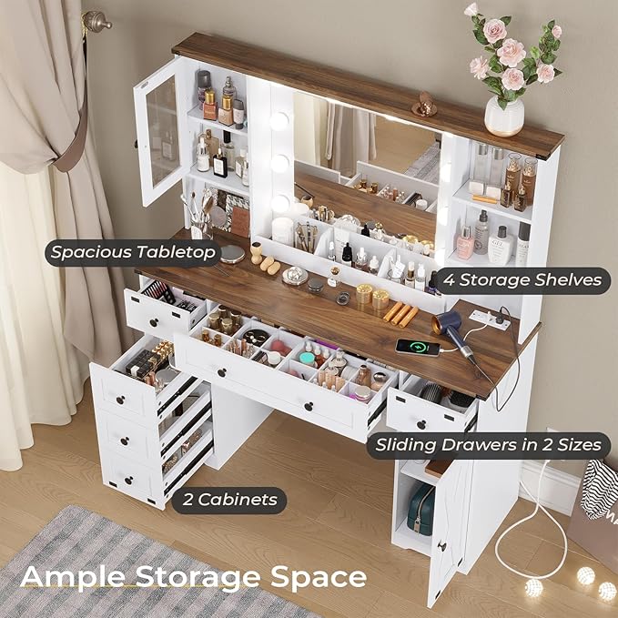 DICTAC Farmhouse Makeup Vanity Desk with Mirror and Lights, Large Vanity Table with Charging Station, 43'' Bedroom Dressing Table with 6 Drawers & 2 Cabinets, 3 Color Lighting Modes, White