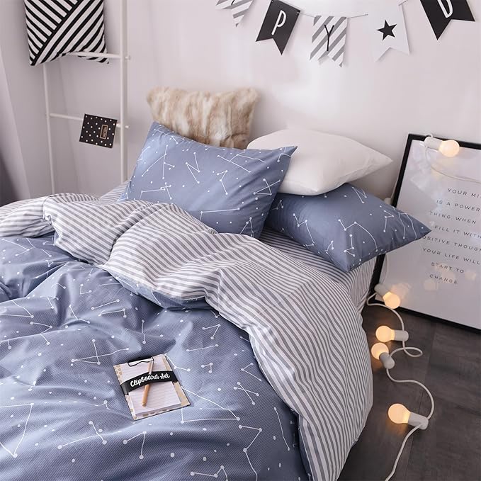 mixinni Full Comforter Sets Men Modern Navy Blue Constellation Bedding for Boys Teen Girls Geometric Comforter Bed Fluffy, 1 Comforter and 2 Pillow Shams-Full Size