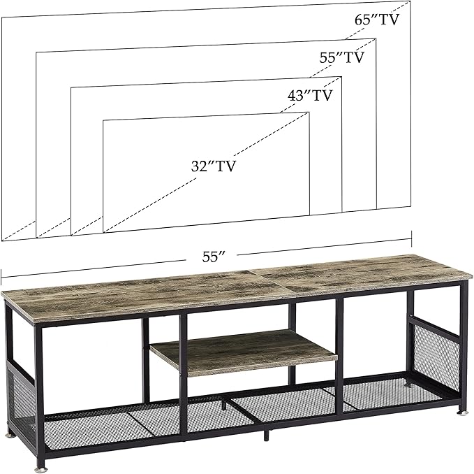 VECELO Industrial TV Stand for Televisions up to 65 Inch, 55" Entertainment Center with Open Storage Shelves for Living Room/Bedroom, 3 Tiers Media Console Table with Metal Frame, Grey, 55 Inches