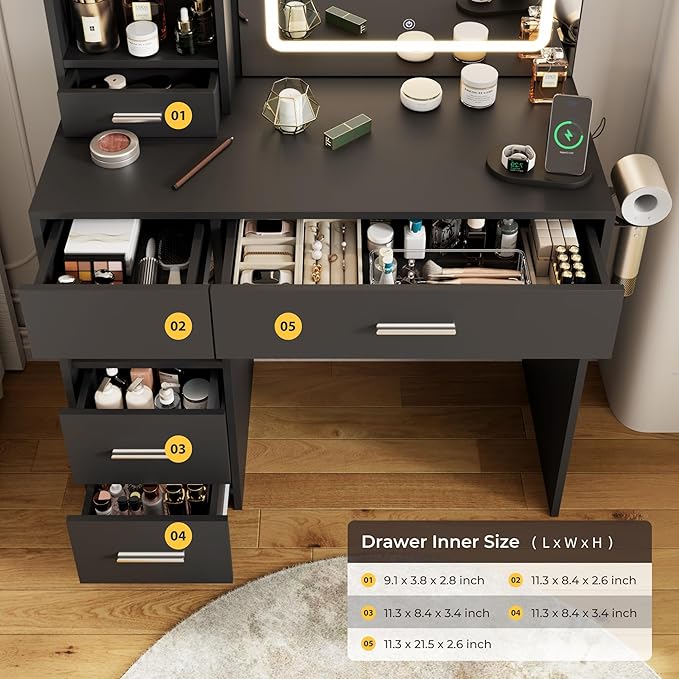 Vanity Desk with Mirror and Lights, 3 Lighting Colors and Power Outlet Makeup Vanity Desk with 5 Large Drawers and 3 Storage Shelves, Black Vanity with Storage Stool for Bedroom