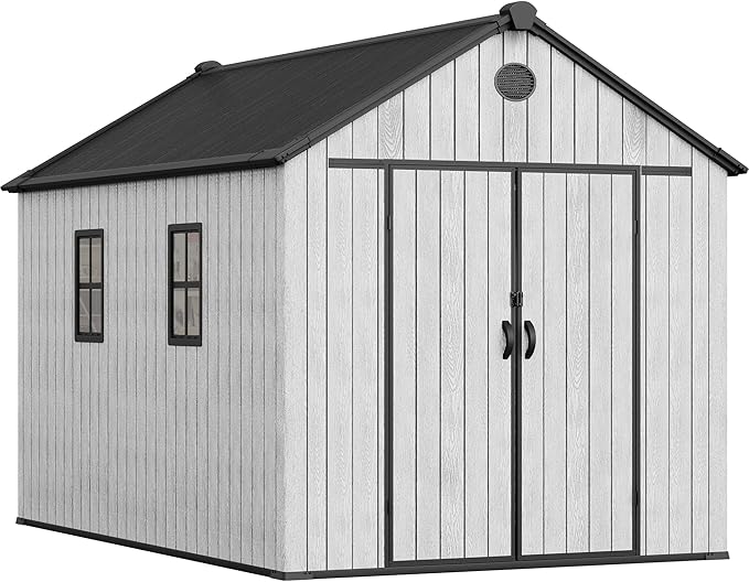 YITAHOME 8x12 FT Outdoor Storage Shed with Floor, Waterproof Plastic Garden Shed with Lockable Doors, 2 Windows & 2 Vents, 656 cu. ft. Resin Shed for Tools, Bikes, Patio or Backyard, Gray