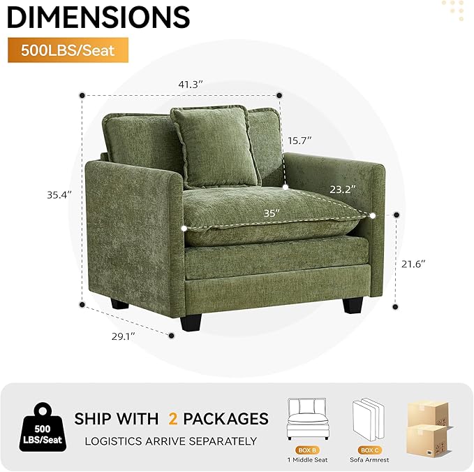 41'' Modern Chenille Oversized Chair, Upholstered Accent Living Room Chair with Extra Thicked Deep Seat, Single Lounge Chair for Bedroom, Small Apartment,Green