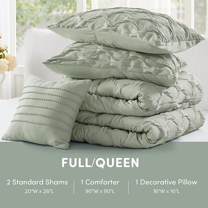 Comfort Spaces Comforter for Queen Size Bed, Ogee Ruched with Crinkle Texture, Breathable Comforter Set Queen, All Season Lightweight Bedding Set, Shams, Décor Pilow, Full/Queen Green 4 Piece
