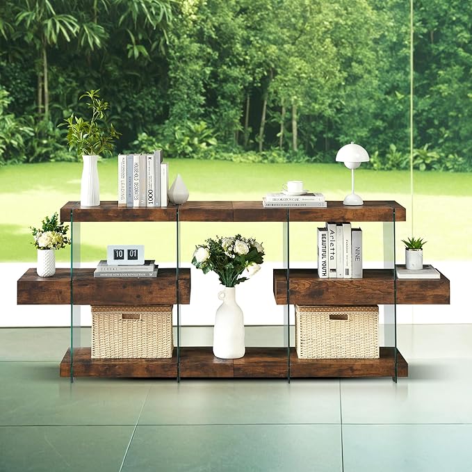 ivinta Glass Console Table, 3-Tier Industrial Rustic Entryway Table with Storage Shelves and Hidden Drawer for Living Room Hallway Foyer or Entrance, 5104 (Dark Brown, 39")