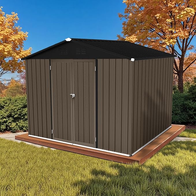 8 x 6 FT Outdoor Storage Metal Shed, Bike Garden Tool Shed with Slooping Roof, Lockable Doors and Aluminum Frames, Shed Easy to Assemble for Garden, Patio, Lawn, Brown