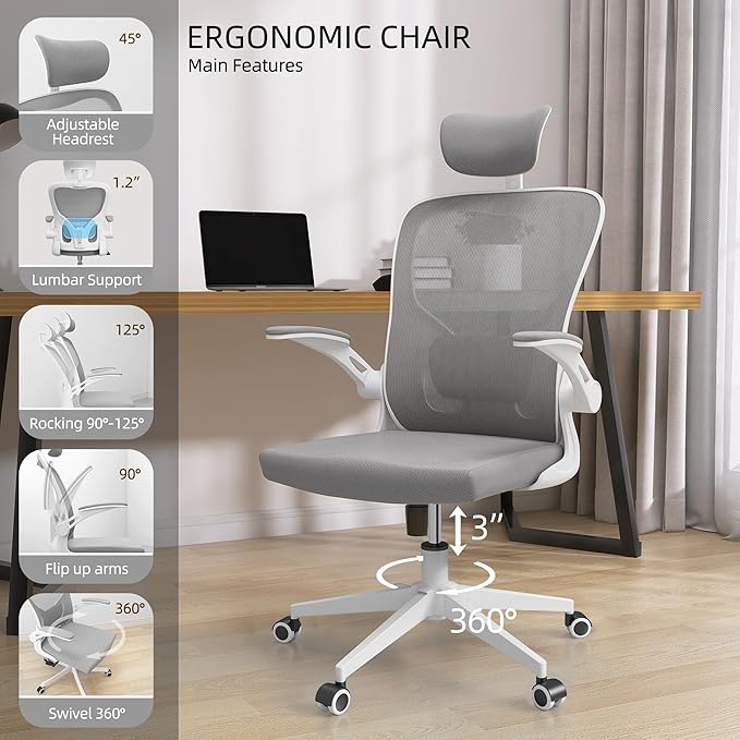 Office Chair Ergonomic Desk Chair, 350 LBS Mesh Office Chair with Lumbar Support, Comfy Desk Chair with Wheels, Big and Tall Chair for Study Work Gaming (Gray)