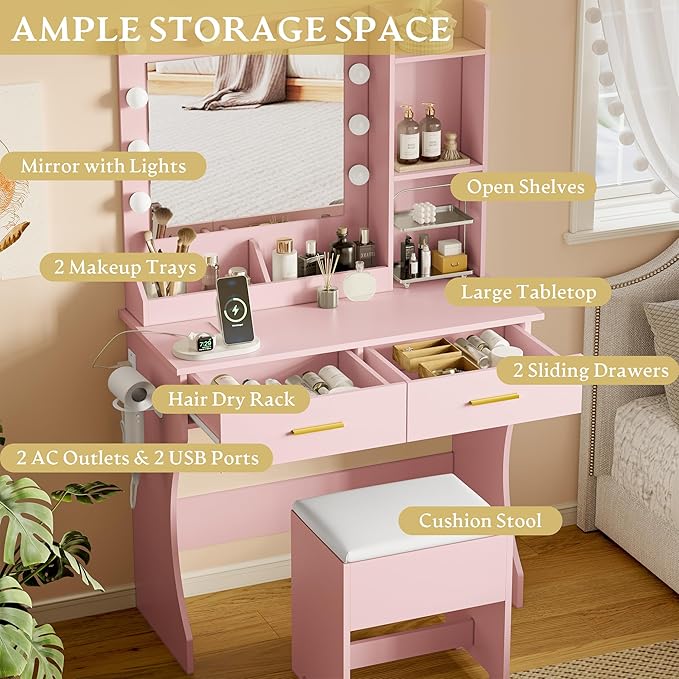 Vanity Desk with Mirror and Lights, Small Makeup Vanity Table Set with Storage Drawers & Power Outlets & Chair, 3 Lighting Modes & RGB Ambient Light, Dressing Table for Women Girls Bedroom, Pink