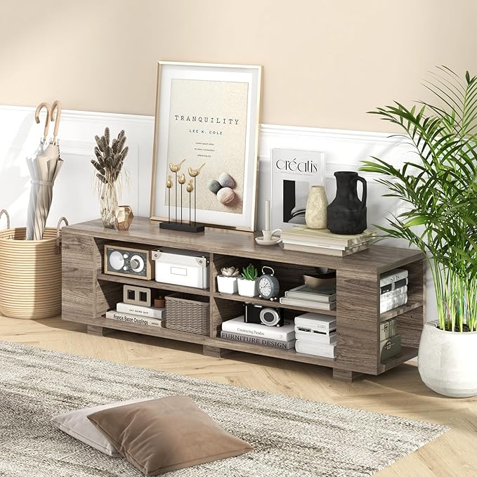 Giantex Modern TV Stand for TVs up to 65 Inch, Wood Entertainment Center w/ 8 Open Storage & Adjustable Shelves, Television Stands w/Cable Holes, TV Console Table for Living Room Bedroom (Black Oak)