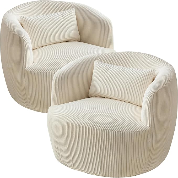 Aoiy & Wifon 34.25" W Swivel Barrel Chair Set of 2, Upholstered Round Small Accent Chair, Single Comfy Barrel Chair for Living Room, Corduroy, Ivory
