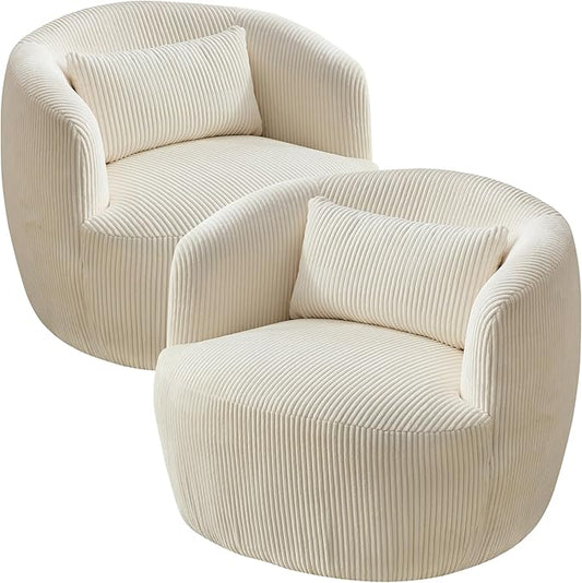 Aoiy & Wifon 34.25" W Swivel Barrel Chair Set of 2, Upholstered Round Small Accent Chair, Single Comfy Barrel Chair for Living Room, Corduroy, Ivory