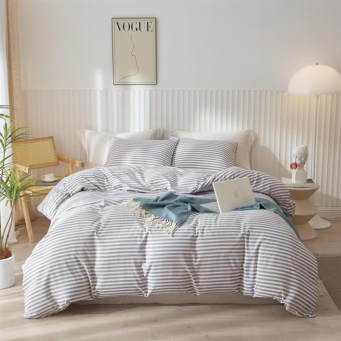 mixinni Striped Comforter Set Twin XL Size - Grey White Stripes Pattern Bed Set for Women and Men, 3 Pieces Lightweight Bedding Comforter Sets for All Seasons (1 Soft Fluffy Comforter + 2 Pillowcases)