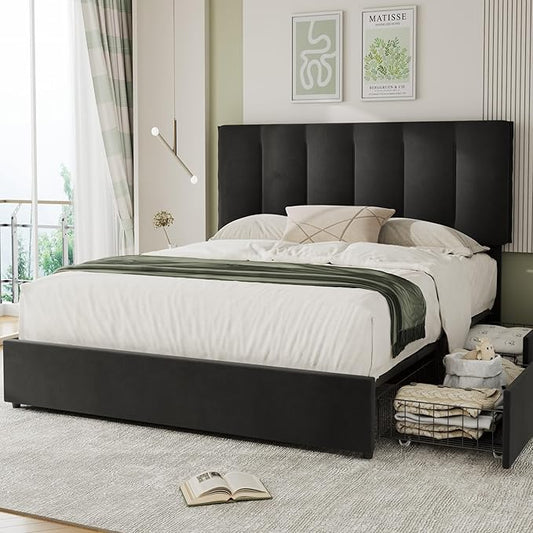 VECELO Full Size Bed Frame with 4 Storage Drawers, Adjustable Height Headboard, Heavy-Duty Platform Bedframe with Strong Wooden Slats, No Box Spring Needed, Black
