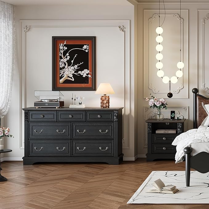 BLANKSPACE Black Dresser for Bedroom, Farmhouse 7 Chest of Drawers, Carved Design Cabinet Organizer with Brown Top
