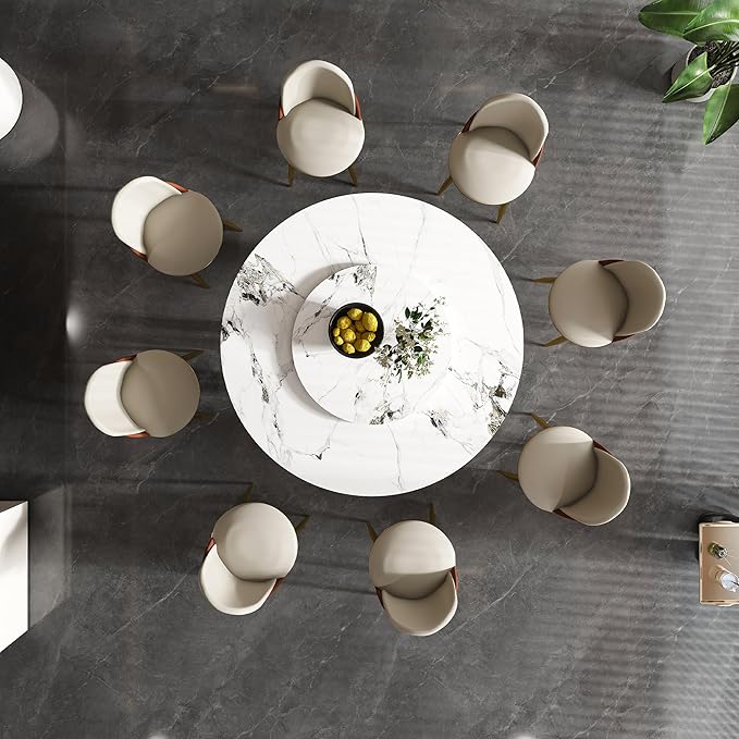 Dining Table Set with 8 Chairs, 59" Round Modern Marble Dining Table with Lazy Susan, Sintered Stone Top for Kitchen, Dining Room, Dinette