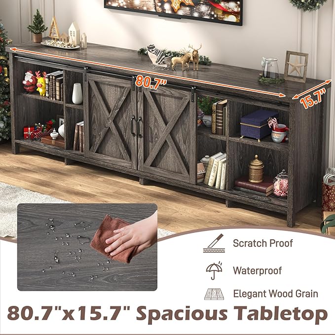 Farmhouse TV Stand for 90 Inch TV with Sliding Barn Door, Rustic Wood Entertainment Center Large Media Console Cabinet Long Television Stands,Console Table and Media Furniture for Living Room(Grey)