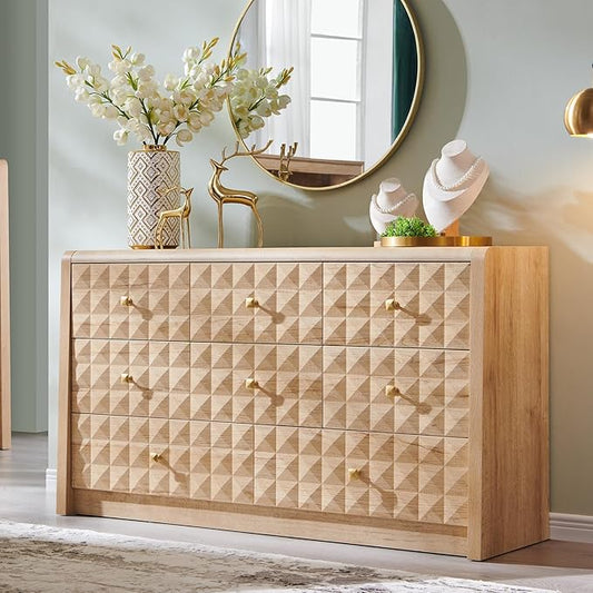 Modern 8 Drawer Dresser for Bedroom, Wooden Large Dressers &Chests of Drawers w/2 Different Drawer Sizes, Mid Century Modern Dresser w/Diamond Panel Decorate for Bedroom, Curved Profile Design,Natural