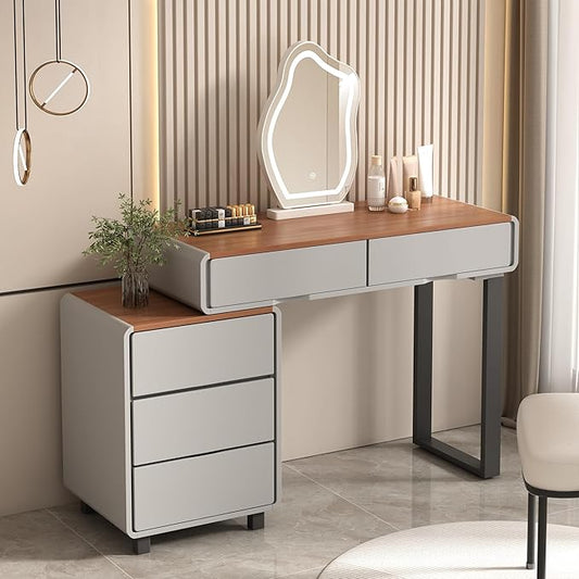 Vanity Desk with Mirror and LED Lights| Small Makeup Table with 5 Drawers and Adjustable Storage Cabinet| Modern Space-Saving Dressing Table for Bedroom(Walnut Top with Gray Base)