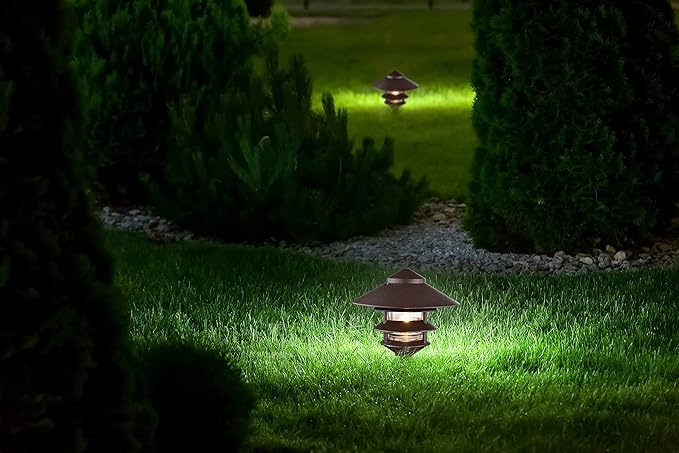 Nuvo SF76/637/04 Outdoor Pagoda Landscape Pathway Light, 3 Tier - Large Hood, Old Bronze (4 Pack)