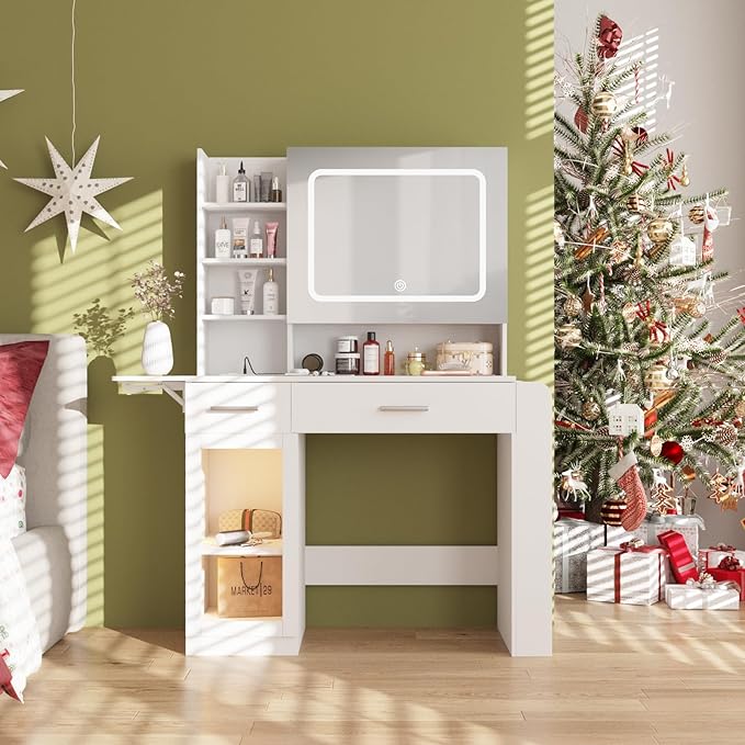 Vabches Vanity Desk with Mirror and Lights, Makeup Vanity with Charging Station, Vanity Table with Drawers, Shelves and Large Storage Cabinet for Home and Bedroom