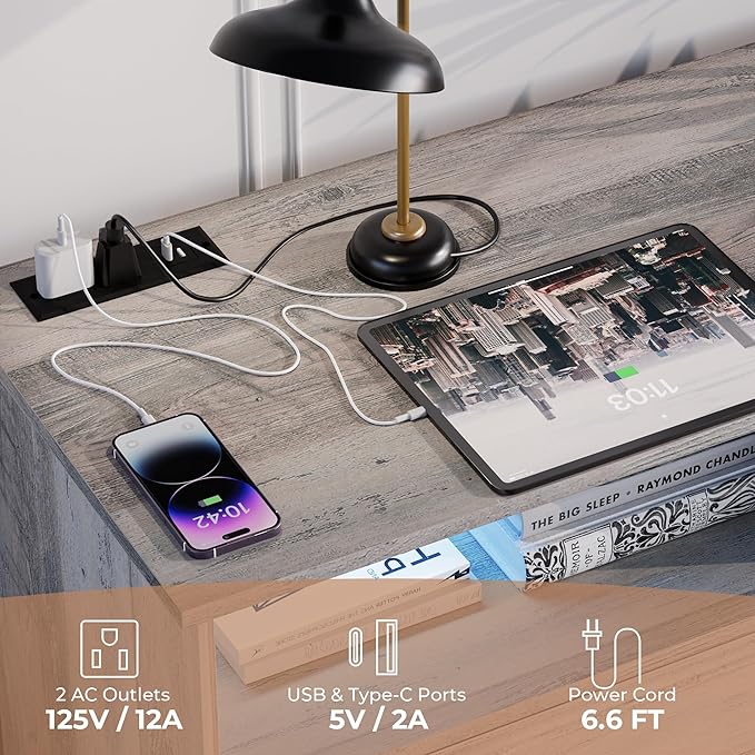 Grey 6 Drawer Dresser for Bedroom with LED Lights and Charging Station, Wood 6 Chest Drawers, Large Storage for Clothes, for Living Room, Bedroom, Hallway, Taupe Grey