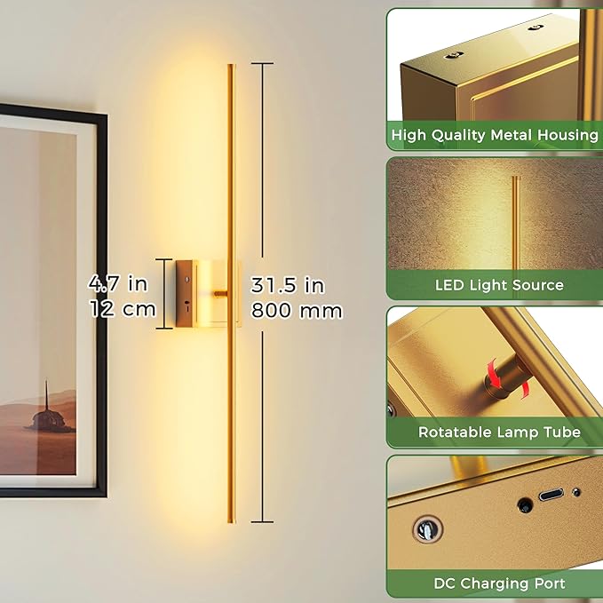 DORESshop Battery Operated Wall Sconces Set of Two with Remote Control, Rechargeable Wall Sconce, 350°Rotate Dimmable Wireless Wall Sconce for Living Room, Hallway, Bedroom, 31.6 Inch, Gold(2 Pack)