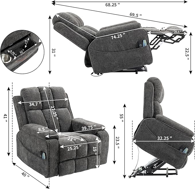 Power Lift Recliner Chairs for Elderly, Big and Tall Recliners 400 lbs, Lay Flat Recliner with Extended Footrest Heat & Massage and Side Storage Cup Holder for Adults LazyBoy Sleeping