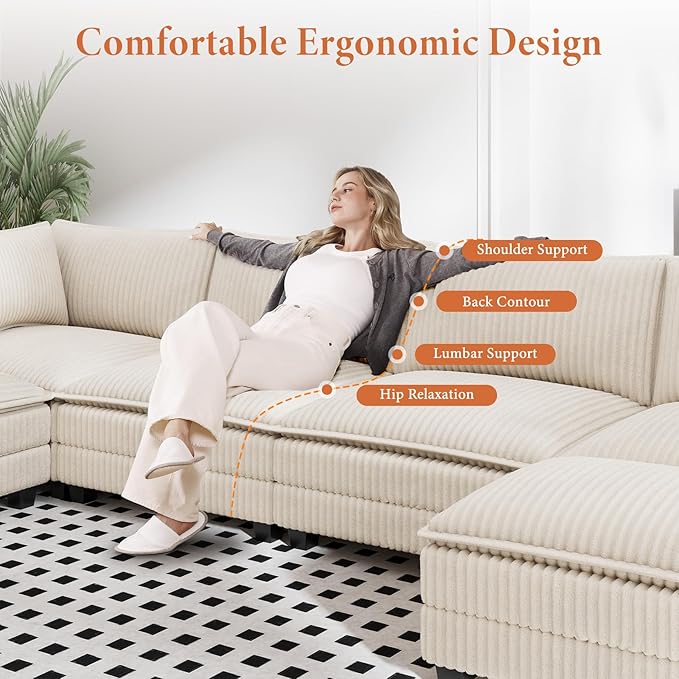Vesgantti 143" L Shaped Modular Sectional Sofa, Comfy Corduroy Upholstered Modular Sectional Couches for Living Room, Modern Cloud Couch with Ottoman Deep Seat, Beige