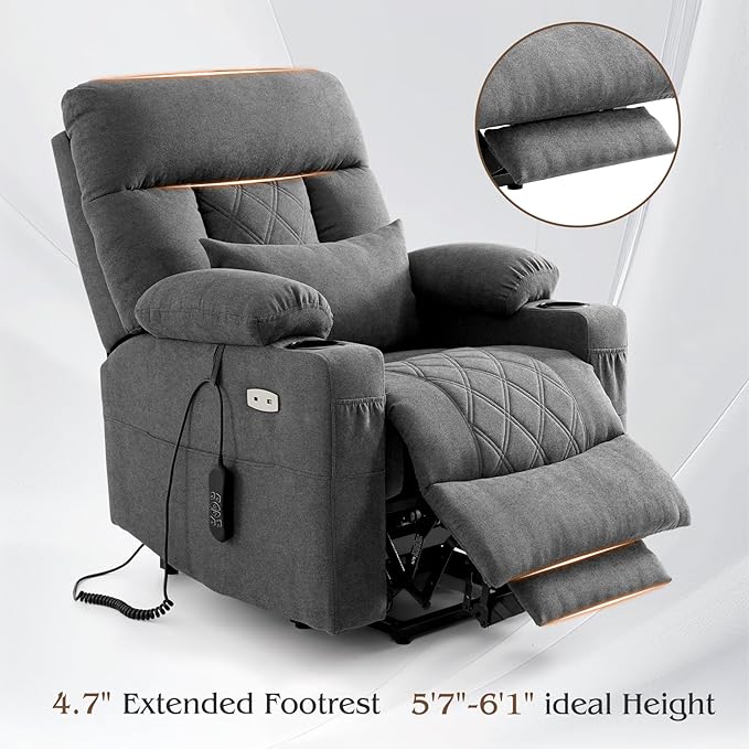 Power Lift Recliner Chair for Elderly with Extended Footrest, Infinite Position Lay Flat Recliner Chair for Adult W/Massage & Heating, Adjustable Headrest, 3-Motor Zero Gravity,Cup Holder, Fabric