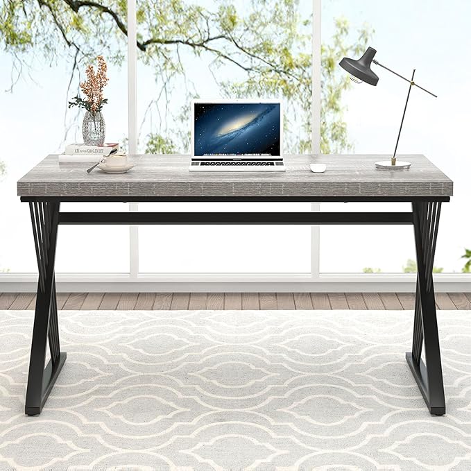 FOLUBAN Modern Desks, Rustic Wood and Metal Computer Desk for Home Office, Simple Study Writing Work PC Table for Bedroom Living Room, Light Grey, 47 Inch