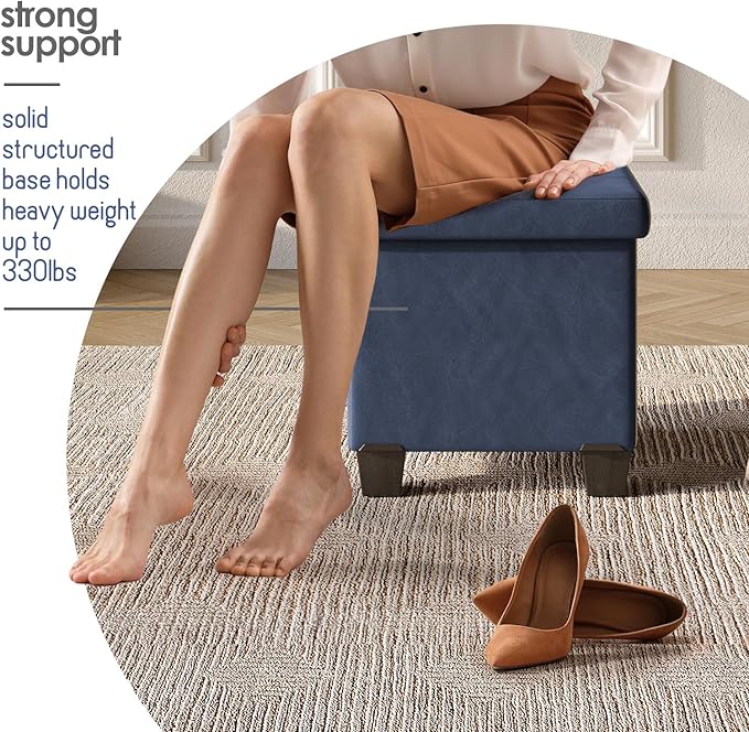 STORAGEBUD Storage Ottoman Cube with Small Bin, 16-in Square Ottoman with Storage for Living Room and Bedroom, Small Ottomans Foot Rest, Faux Leather Foot Stools Ottomans Max 330lbs, Blue