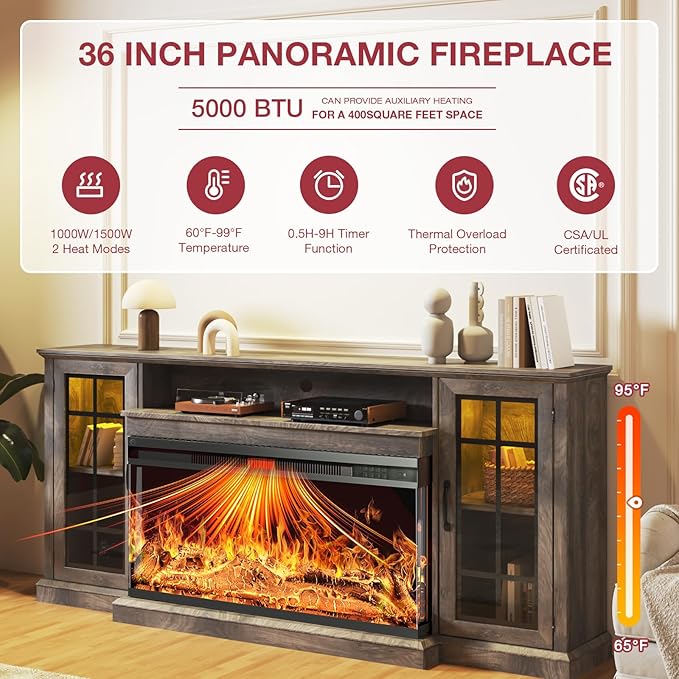 oneinmil 36 Inch 3-Sided Glass Fireplace TV Stand for TVs up to 80", Rustic Media Entertainment Center Console Table with Glass Door Closed Storage, Set of TV Table, Grey